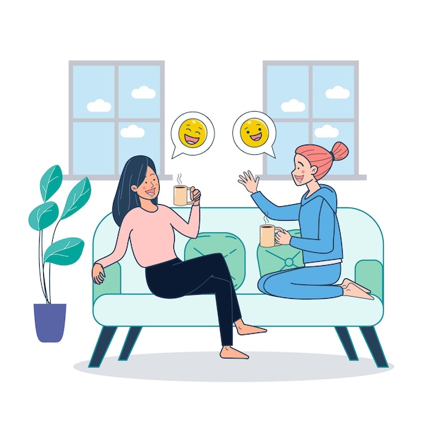 Free Vector Two Girls Sitting On Couch Dringking Coffee And Gossiping Inside Home