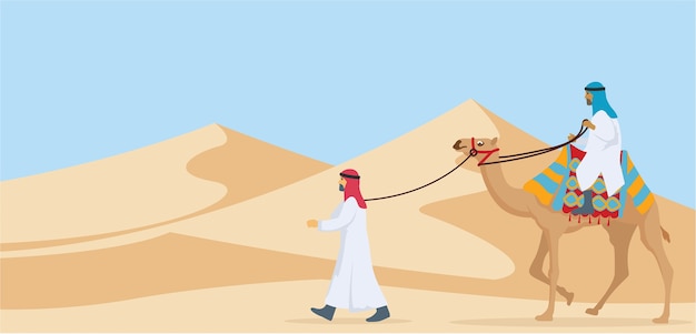 Two guy riding and walking their camel trough desert Premium Vector