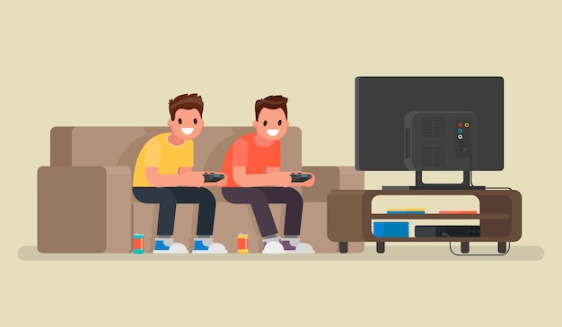 Premium Vector | Two guys play video games on the game console. in a ...