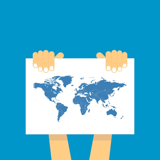 Two hand holds a table on which the blue map of the world is depicted. Premium Vector