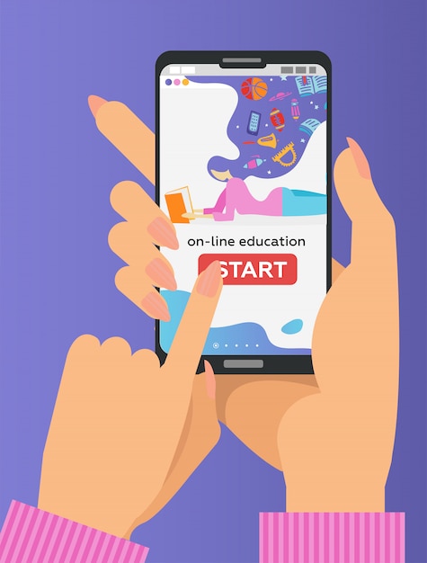 Two hands holding mobile phone with educational app on the screen. distant e-learning. finger pushes start button Premium Vector