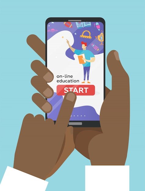 Two hands holding mobile phone with educational app on the screen. distant e-learning. finger pushes start button Premium Vector