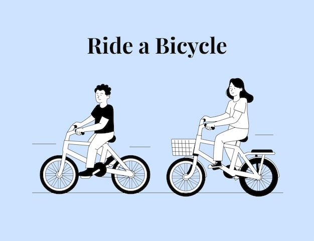 平らなアウトラインイラストで自転車に乗る遊ぶ2人の幸せな子供 プレミアムベクター