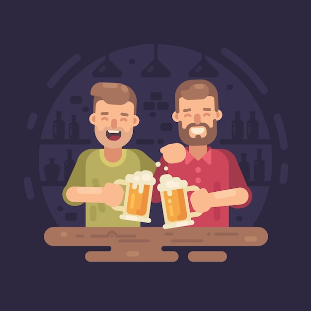バーのフラットイラストでビールを飲む2人の幸せな男 プレミアムベクター