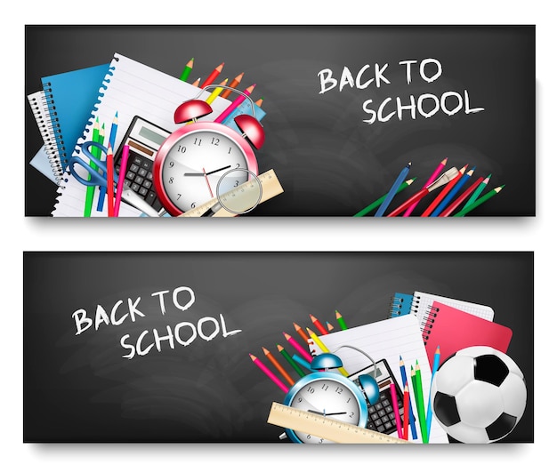 Premium Vector | Two horizontal banners with school supplies. vector.