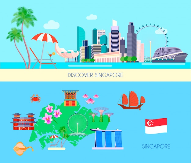 2つの水平色シンガポール文化バナーセットシンガポールとシンガポールの見出しベクトルイラスト 無料のベクター