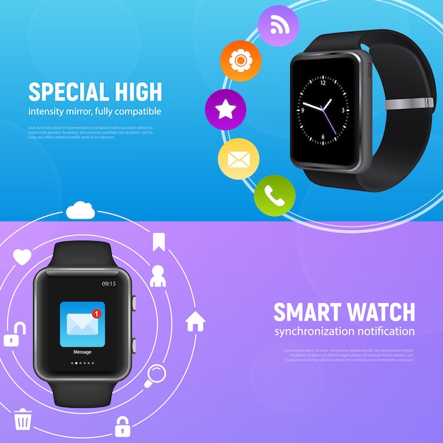 Free Vector | Two horizontal realistic smart watch banner set with ...