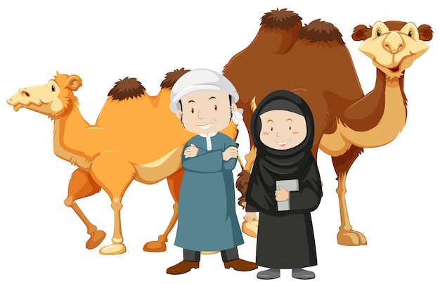 Two islam people and camels