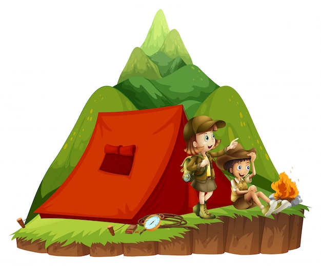 Download Two kids camping out in the mountain | Free Vector