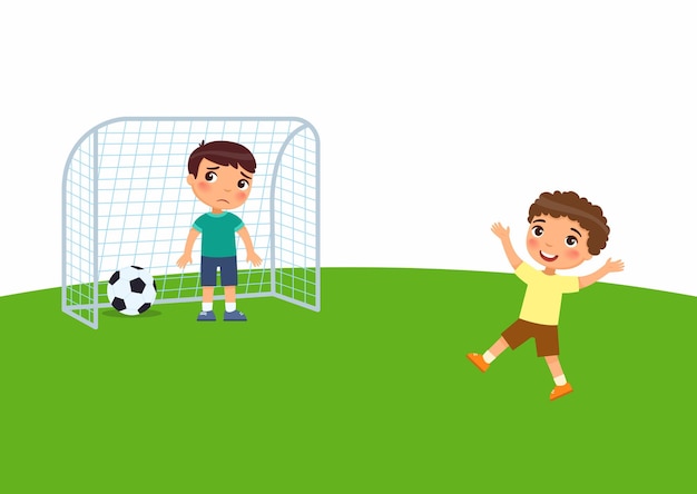 Premium Vector Two Little Boys Are Playing Soccer Child Scored A Goal And Enjoys The Win Kid Is Sad For Losing Kids Playing Outdoors Cartoon