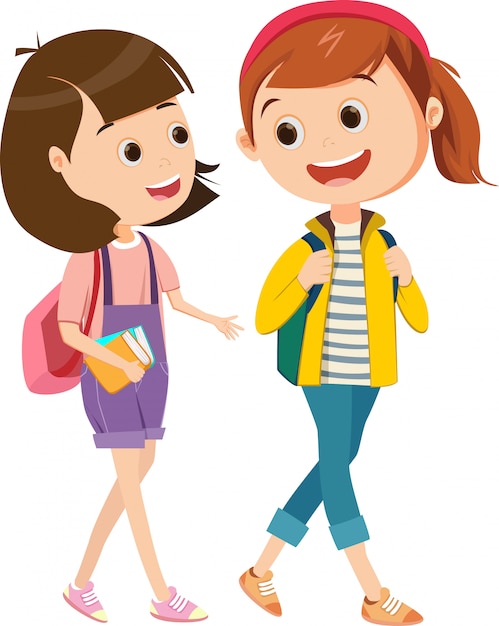 Premium Vector | Two little girls walking together to school