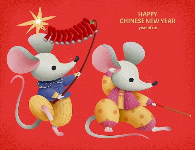 Premium Vector | Two lovely cartoon mice lighting firecrackers for ...