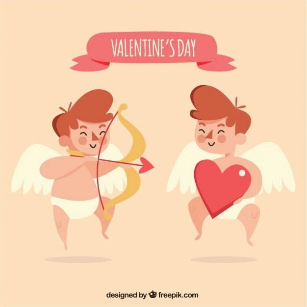 Two lovely cupid characters with bow and\
heart
