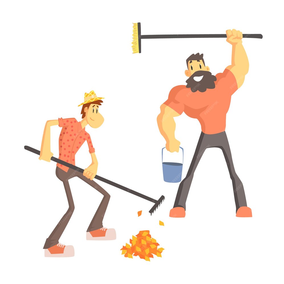 Premium Vector | Two man picking up leaves cute cartoon style flat ...