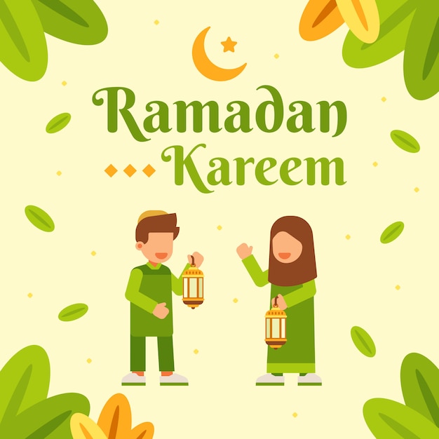 Premium Vector | Two moslem kids in ramadan kareem background