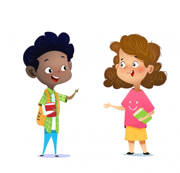 Premium Vector | Two multiracial children studying, reading books and ...