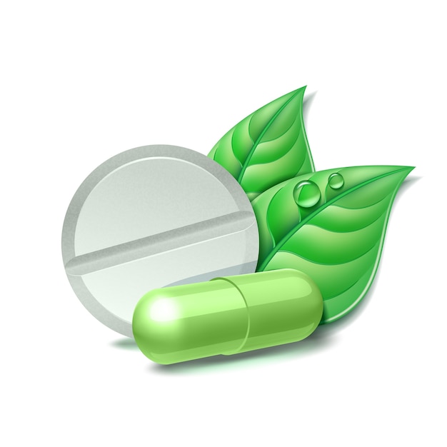 Premium Vector | Two natural medical pills with green leaves ...