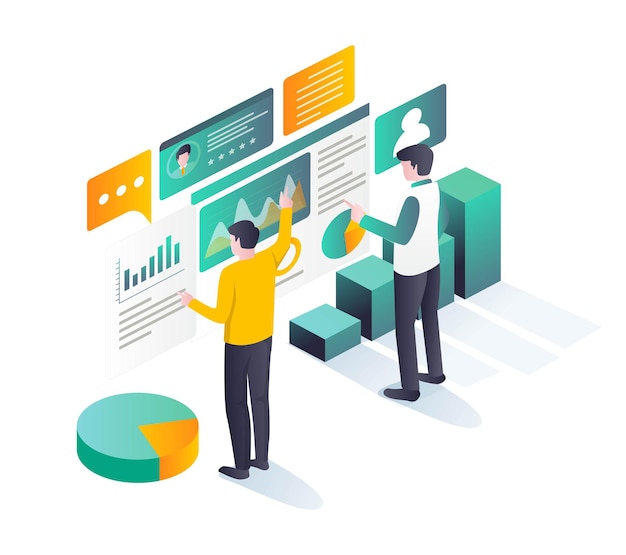 Premium Vector | Two people analyzing company data in isometric ...