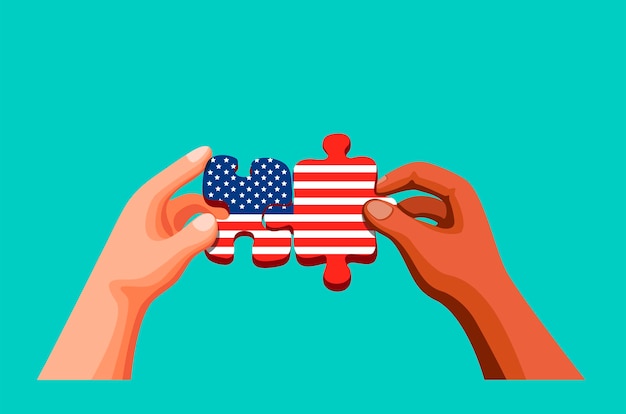 アメリカ独立記念日と多様性文化のためのアメリカの旗のシンボルとパズルを保持し 参加する2人の手 漫画イラストのコンセプト プレミアムベクター