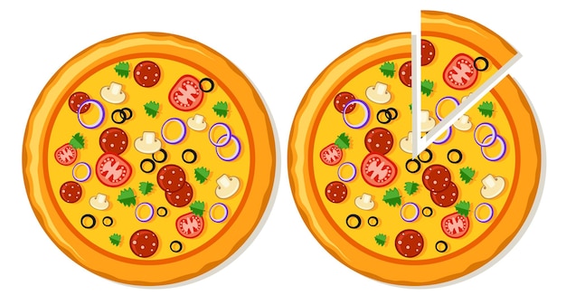 Premium Vector | Two pizzas whole and with a sliced slice. top view
