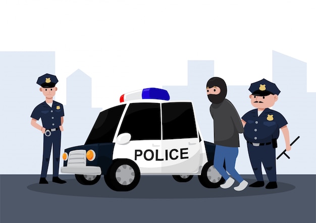 2人の警察官が犯罪者をパトカー フラットな漫画のスタイルに逮捕しました プレミアムベクター