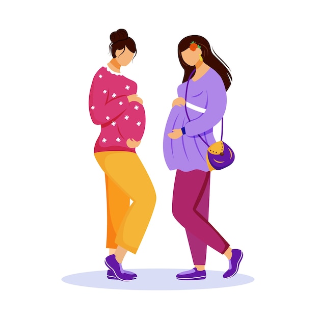 2人の妊婦フラットイラスト 女性の友情 赤ちゃんを待っています 白い背景の上の孤立した漫画のキャラクターに会うことで彼らの腹をなでる友人の女の子 プレミアムベクター