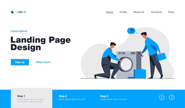 Free Vector | Two repairmen fixing washing machine landing page template