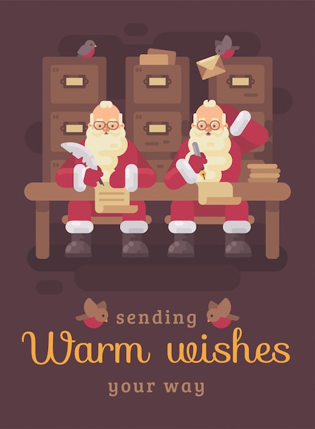 子供たちに手紙を書く2つのサンタ句 面白いクリスマスフラットイラスト挨拶カード プレミアムベクター