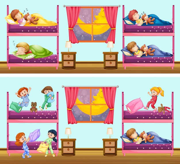 Two scenes of children in bedrooms