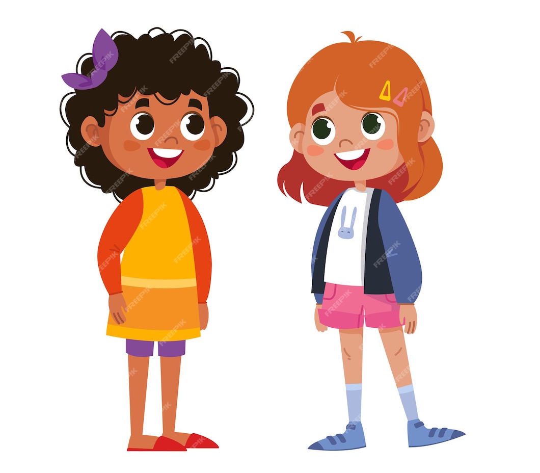 Premium Vector | Two schoolchildren speak vector. children laugh and ...