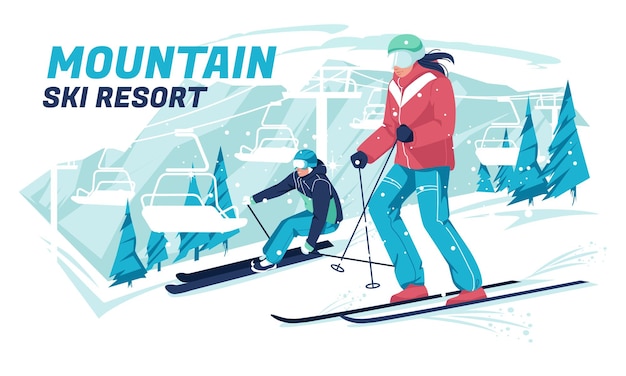 Premium Vector | Two skiers a man and a woman against the background of ...
