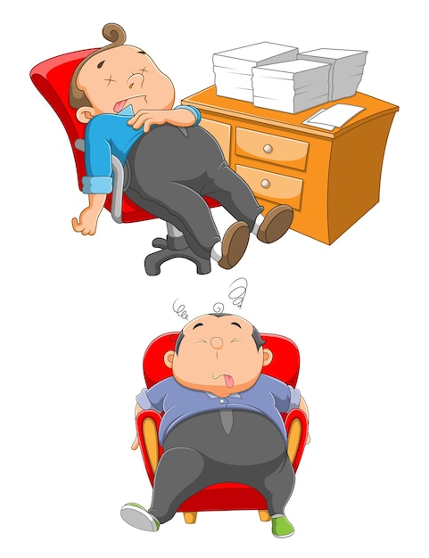 イラストの机の近くの椅子で眠っている2人の従業員が寝ています プレミアムベクター