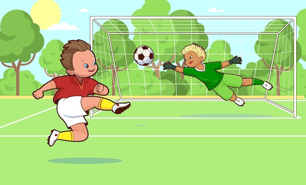 Premium Vector Two Soccer Players Playing Soccer On The Field Scoring A Goal Cartoon