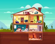 Free Vector Two storey Cottage House Cross Section Interior Cartoon Vector With Spacious Hall