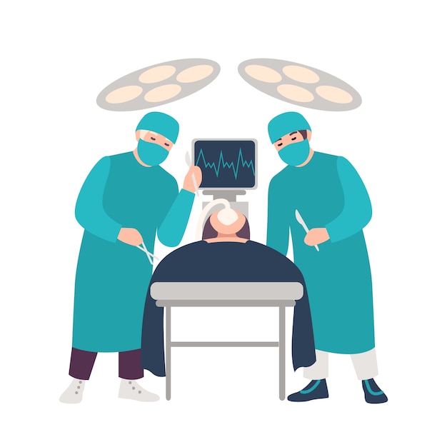白い背景に分離された横になっている患者に外科手術を行うメスを保持している2人の外科医または医師 手術 医療処置 フラットスタイルの着色された漫画イラスト プレミアムベクター
