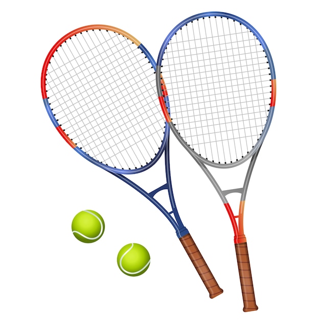 2つのテニスラケットと2つのボールのイラスト プレミアムベクター