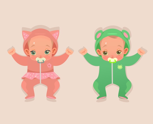2つの双子の赤ちゃんの子供のキャラクターの漫画イラスト プレミアムベクター