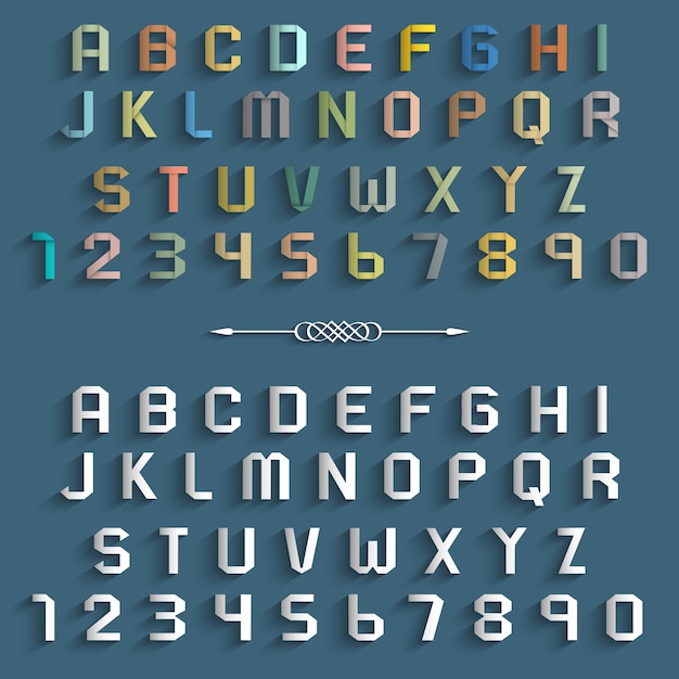 2つのさまざまな折り紙のアルファベット文字と数字 プレミアムベクター