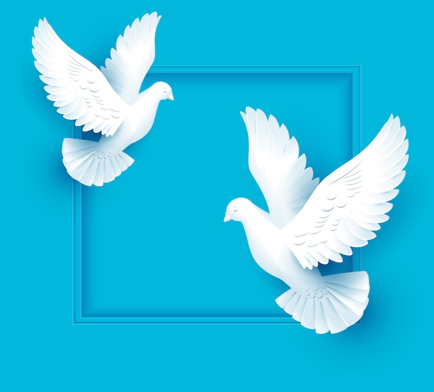 2つの白い鳩が青い背景に飛ぶ プレミアムベクター