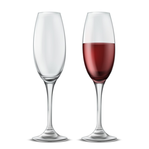 2つのワイングラス 空と赤ワイン 3d現実的なイラストの完全な 無料のベクター