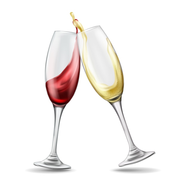 赤と白のワイン お祝いのトースト 現実的なイラストのスプラッシュと2つのワイングラス 無料のベクター