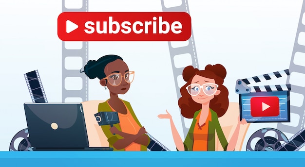 Two woman video blogger online stream blogging subscribe concept Premium Vector