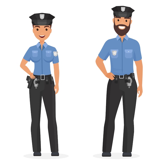 2人の若い幸せな警察官 男性と女性の孤立した漫画イラスト プレミアムベクター