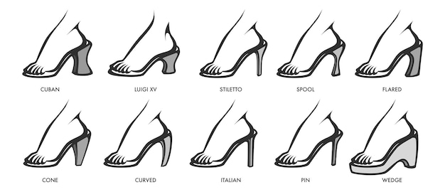 Premium Vector | Type of heels on women shoes. stiletto and spool ...
