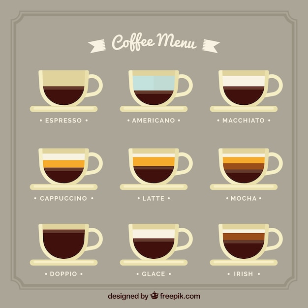 Types of coffee menu in flat design Vector | Free Download