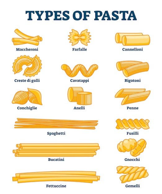 パスタイラストの種類 ラベルの付いたイタリア料理の形の説明 プレミアムベクター