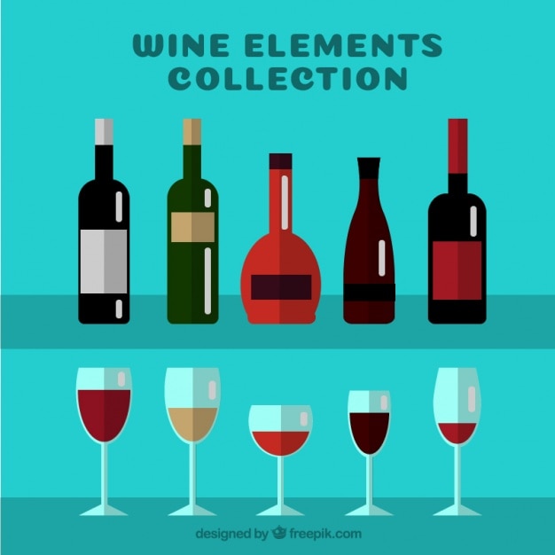 Types of wine bottles with glasses in flat design