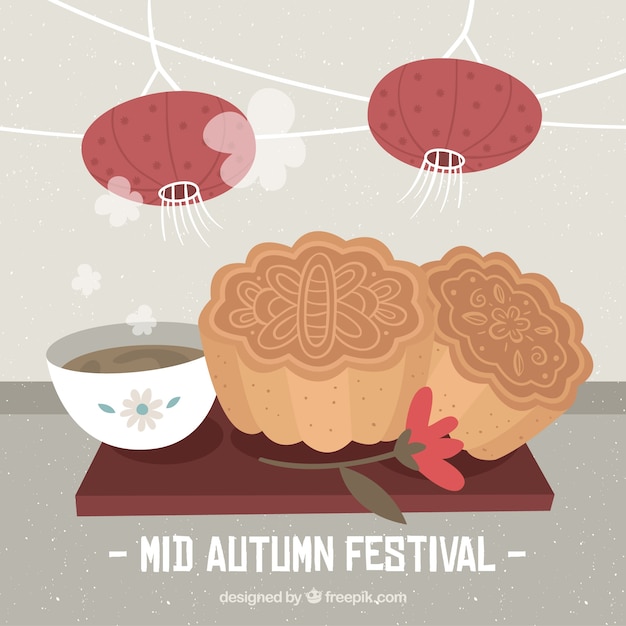 Typical foods, mid autumn festival Free Vector