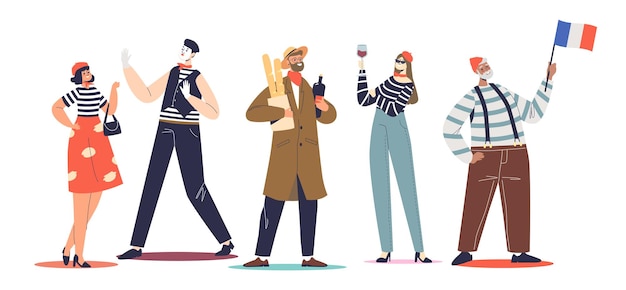 Premium Vector Typical French People Set Mimes Women In Berets Holding Baguettes And Red