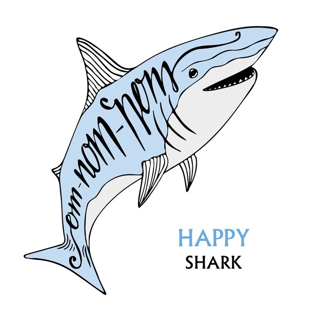 かわいいサメとタイポグラフィのポスター 手描きのベクトルイラスト プレミアムベクター